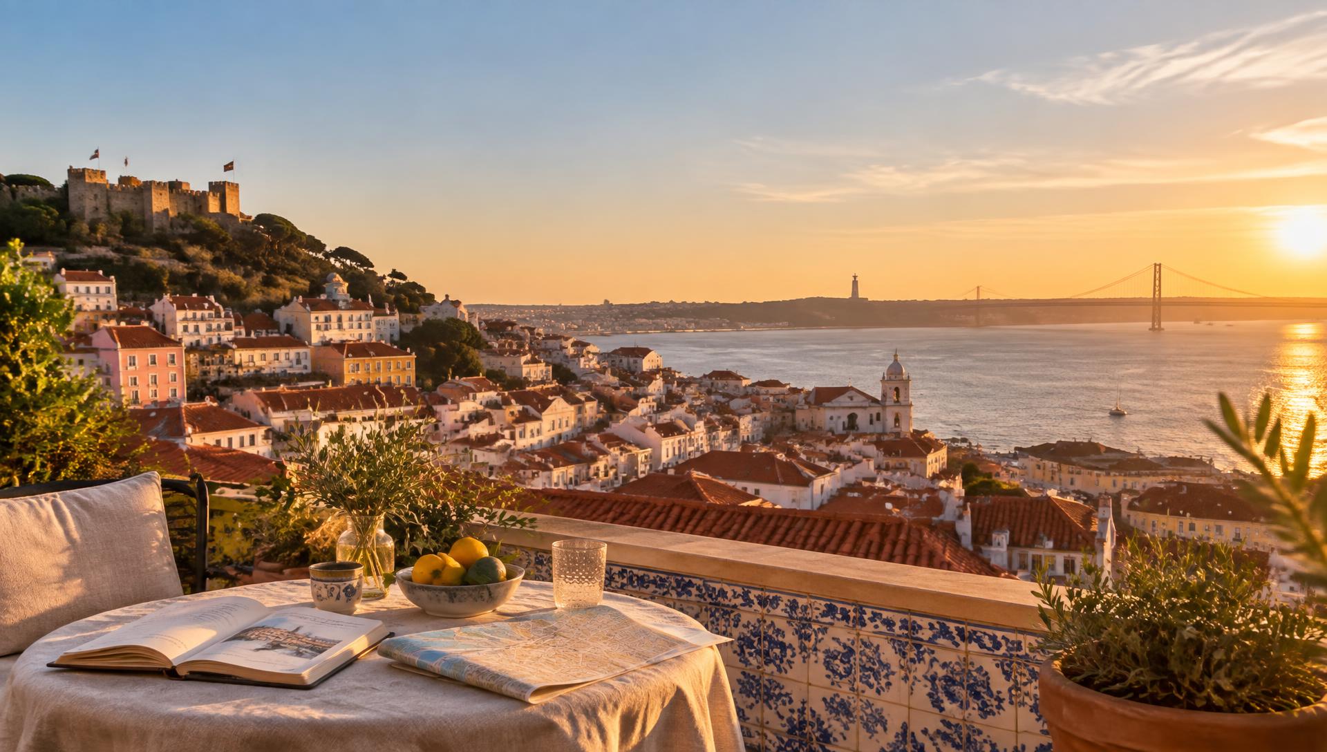Lisbon glowing at sunset, with a travel journal and map ready on a tiled terrace